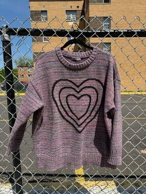 SO Multicolor Pink Marled Heart Crewneck Sweater